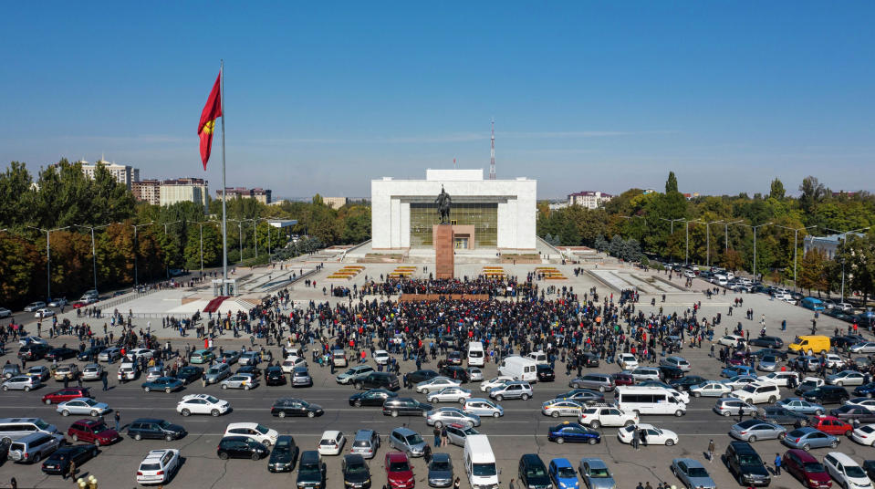 Protesters take part in a rally against the appointment of opposition politician Sadyr Japarov as the country's new prime minister, at Ala-Too Square, in Bishkek, Kyrgyzstan. (Akylbek Batyrbekov / Sputnik via AP)