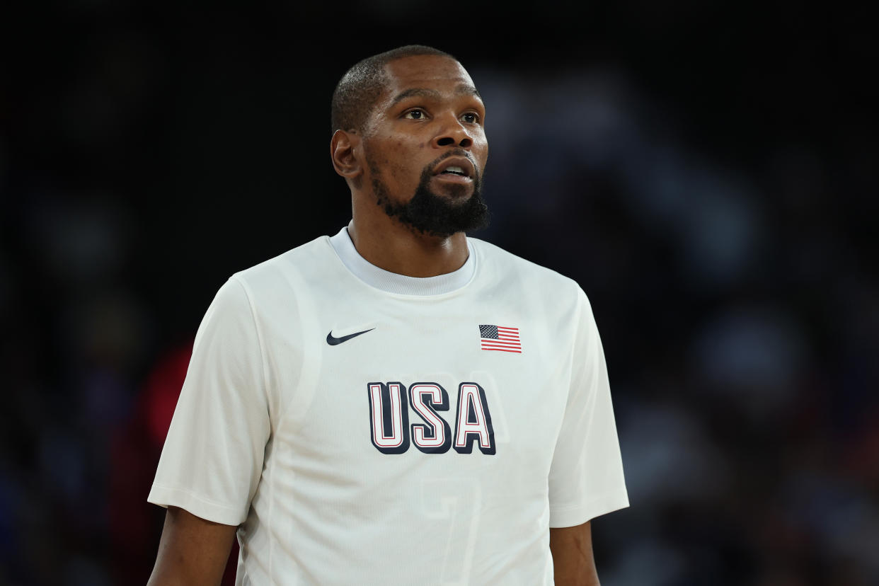 PARIS, FRANCE - AUGUST 10: Kevin Durant #7 of Team United States looks on prior to the Men's Gold Medal game between Team France and Team United States on day fifteen of the Olympic Games Paris 2024 at Bercy Arena on August 10, 2024 in Paris, France. (Photo by Gregory Shamus/Getty Images)