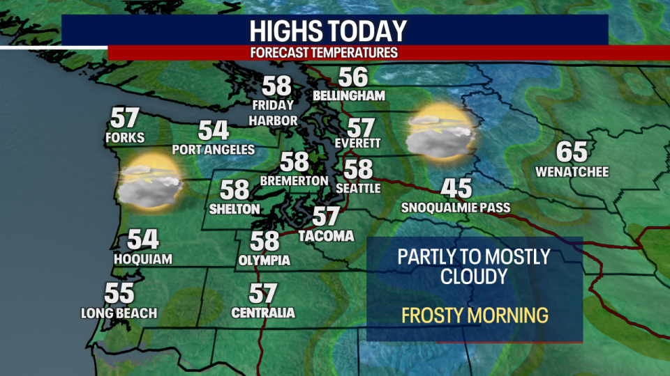 <div>A map showing Wednesday's forecasted high temperatures for Western Washington.</div> <strong>(FOX 13 Seattle)</strong>