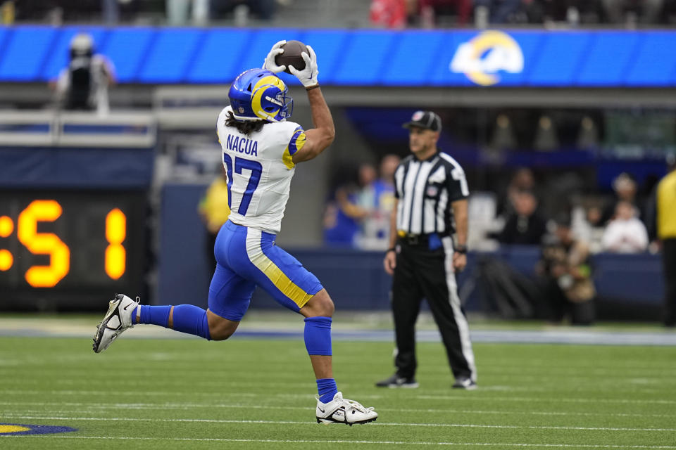 Los Angeles Rams wide receiver Puka Nacua makes a catch during the second half of an NFL football game against the San Francisco 49ers Sunday, Sept. 17, 2023, in Inglewood, Calif. (AP Photo/Gregory Bull)