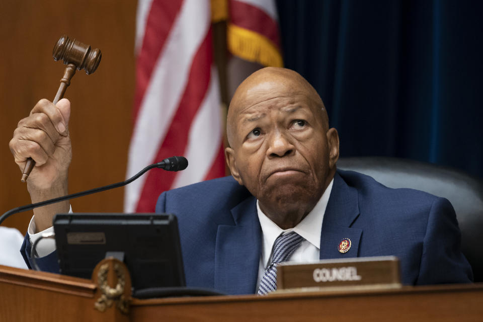 FILE - In this June 12, 2019 file photo, House Oversight and Reform Committee Chairman Elijah E. Cummings, D-Md., wields his gavel on Capitol Hill in Washington, Wednesday, June 12, 2019. Cummings says in a letter to White House acting chief of staff Mick Mulvaney that he wants all documents "memorializing communications between President Trump and the leader of any other foreign country" that relate to Trump's efforts to pressure the Ukrainian president. (AP Photo/J. Scott Applewhite)