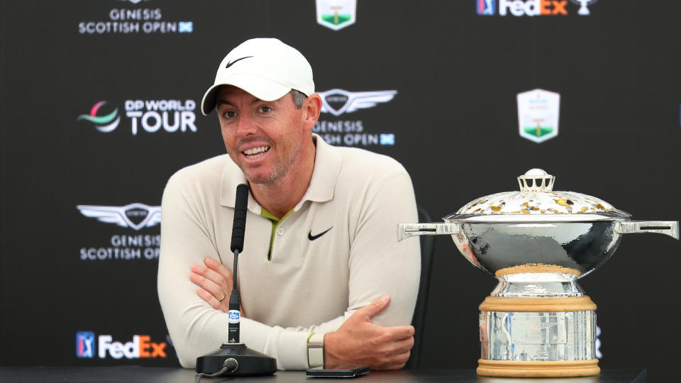 Rory McIlroy of Northern Ireland talks to the media in a press conference after winning the tournament during Day Four of the Genesis Scottish Open at The Renaissance Club