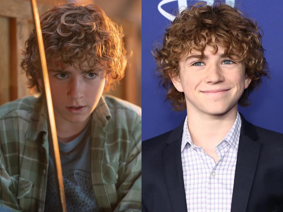 left: percy jackson holding a sword in the live action show, looking determined; right: walker scobell smiling on a red carpet