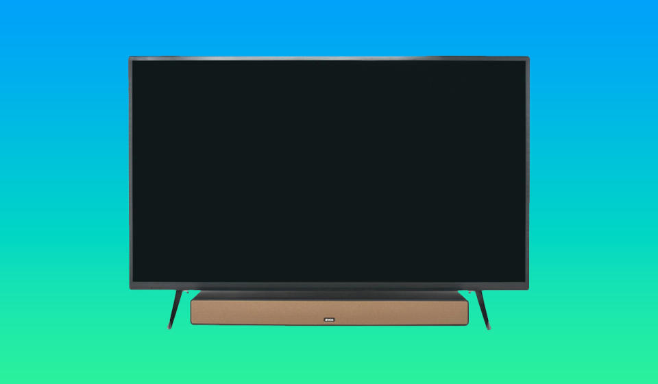 TV with bronze soundbar shown below it