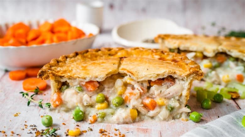 Chicken pot pie sliced in half