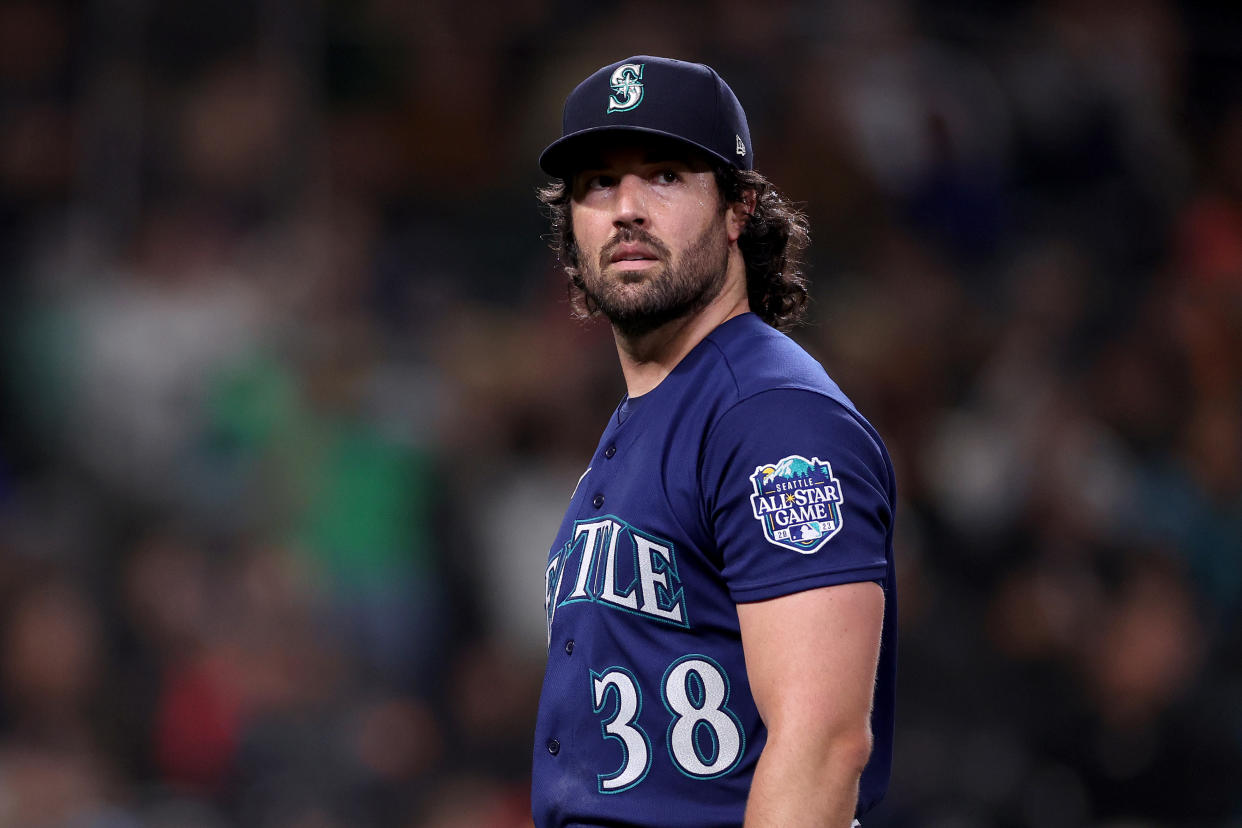 SEATTLE, WASHINGTON - MARCH 31: Robbie Ray #38 of the Seattle Mariners looks on during the second inning against the Cleveland Guardians at T-Mobile Park on March 31, 2023 in Seattle, Washington. (Photo by Steph Chambers/Getty Images)