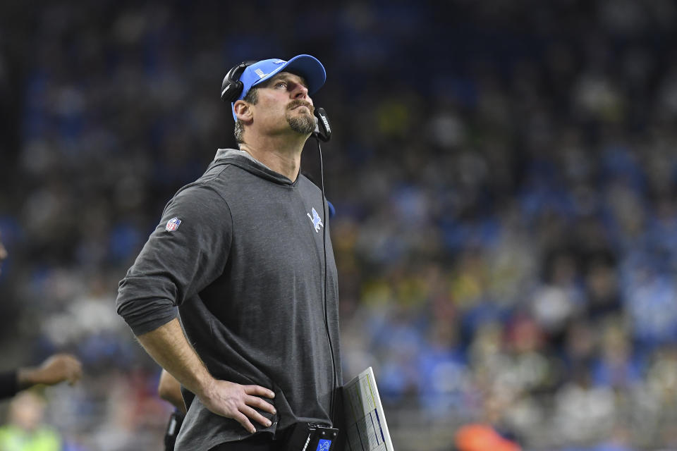 Detroit Lions head coach Dan Campbell watches from the sideline during the first half of an NFL football game against the Green Bay Packers, Sunday, Jan. 9, 2022, in Detroit. (AP Photo/Lon Horwedel)