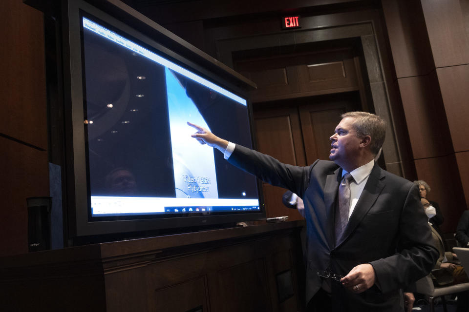 WASHINGTON, DC - MAY 17: U.S. Deputy Director of Naval Intelligence Scott Bray explains a video of an unidentified aerial phenomena, as he testifies before a House Intelligence Committee subcommittee hearing at the U.S. Capitol on May 17, 2022 in Washington, DC. The committee met to investigate Unidentified Aerial Phenomena, commonly referred to as Unidentified Flying Objects (UFOs). (Photo by Kevin Dietsch/Getty Images)