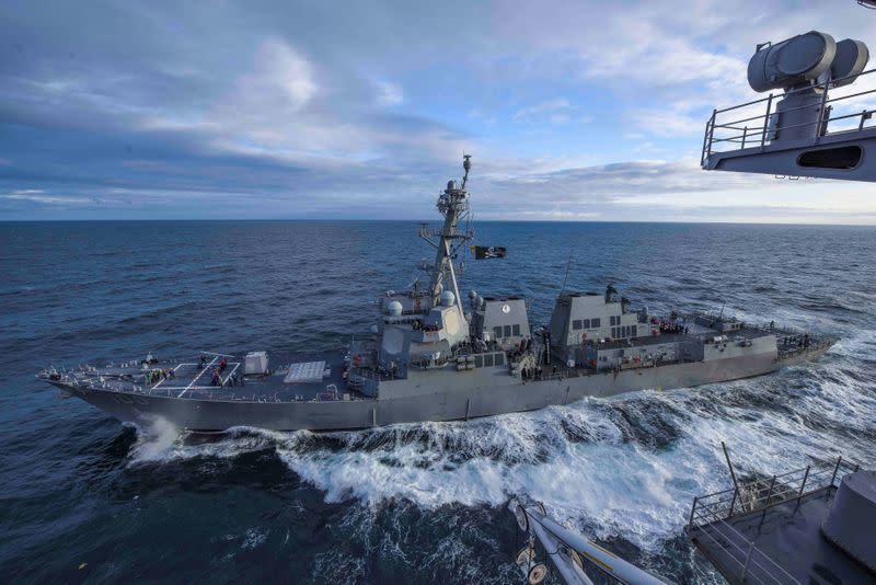 The U.S. Navy guided-missile destroyer USS Kidd transits the Gulf of Alaska