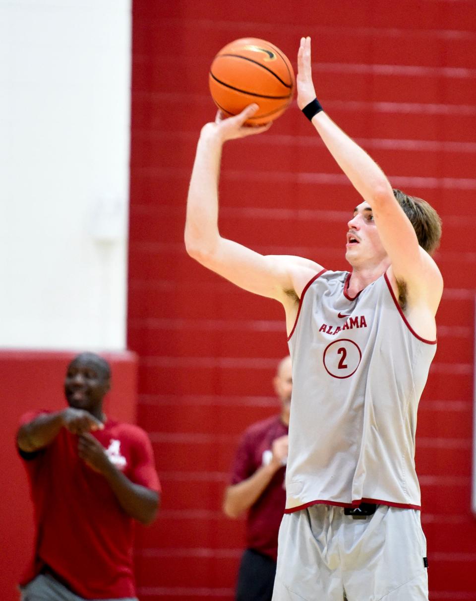 Alabama forward Grant Nelson (2) shoots from three point range during practice for the Crimson Tide Men’s Basketball team Monday, Sept. 25, 2023.