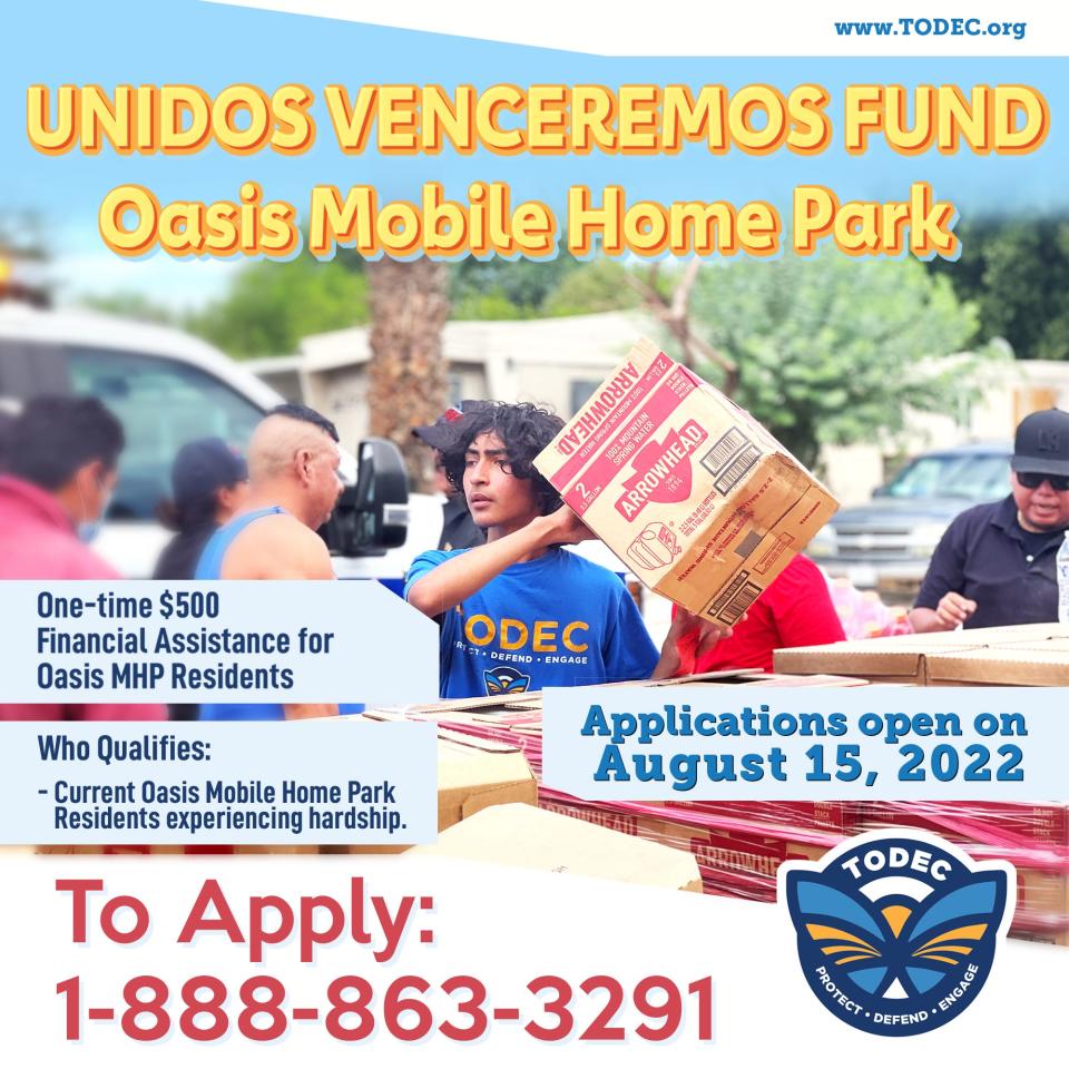 Oasis Mobile Home Park residents will be able to apply for $500 in financial assistance from the nonprofit organization TODEC starting on Monday, Aug. 15.