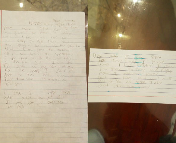 A schoolboy wrote letters to his family during a school lockdown, fearing he would never see them again. Source: Claudia Charles