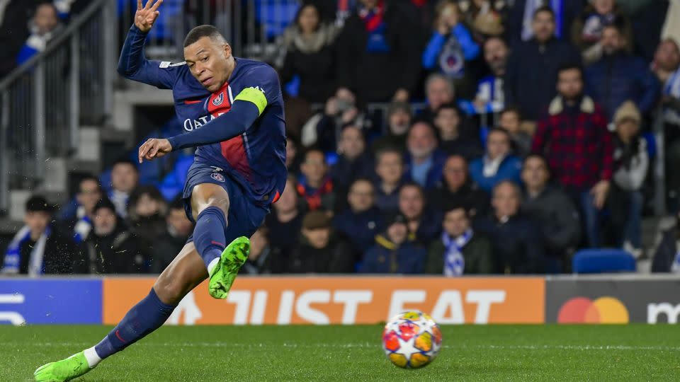 Mbappé scores PSG's second goal against Real Sociedad. - Alvaro Barrientos/AP