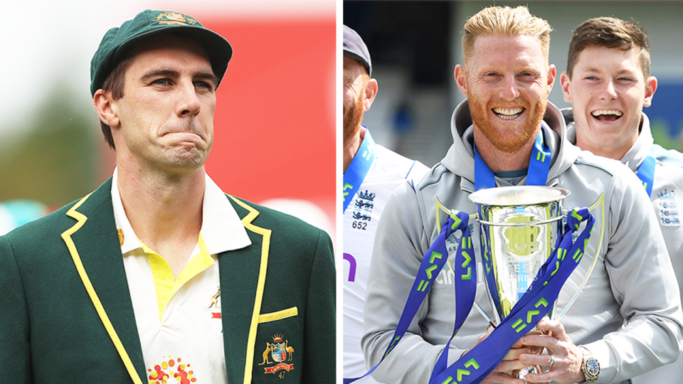 England cricket captain Ben Stokes (pictured right) celebrating with the trophy and (pictured left) Australian captain Pat Cummins before a match.