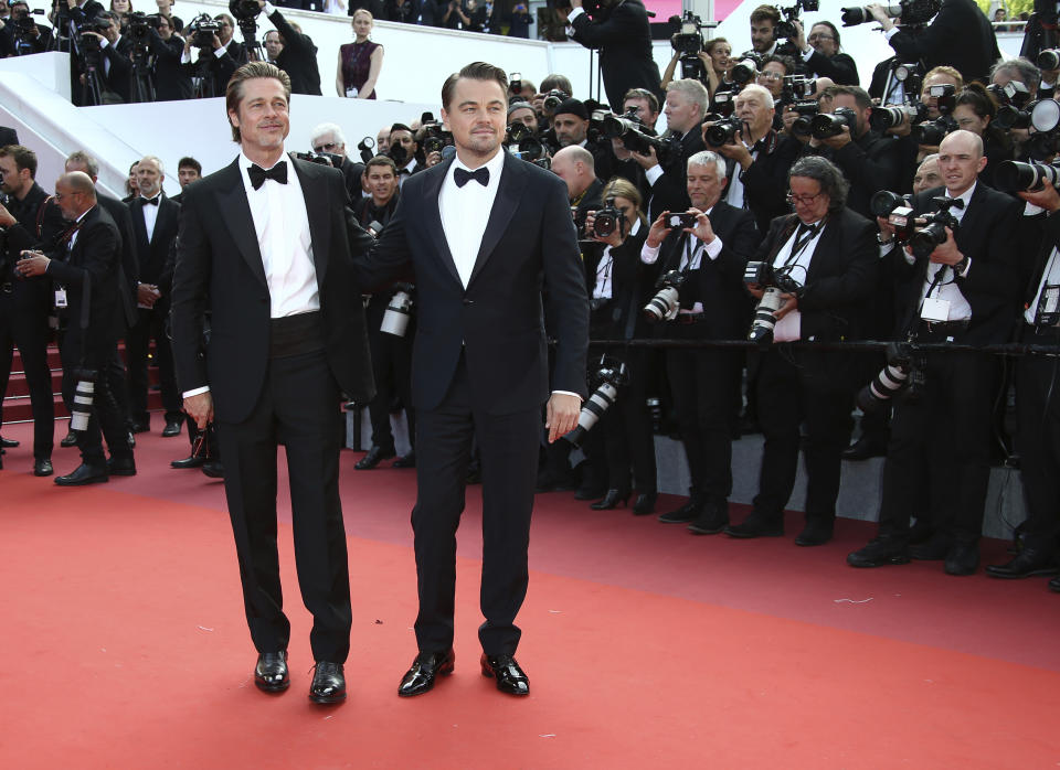 Actors Leonardo DiCaprio and Brad Pitt pose for photographers upon arrival at the premiere of the film 'Once Upon a Time in Hollywood' at the 72nd international film festival, Cannes, southern France, Tuesday, May 21, 2019. (Photo by Joel C Ryan/Invision/AP)