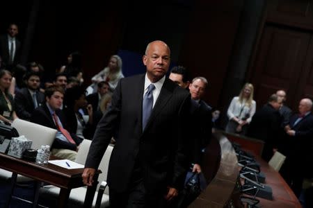 Former U.S. Secretary of Homeland Security Jeh Johnson arrives to testify about Russian meddling in the 2016 election before the House Intelligence Committee on Capitol Hill in Washington, U.S., June 21, 2017. REUTERS/Aaron P. Bernstein