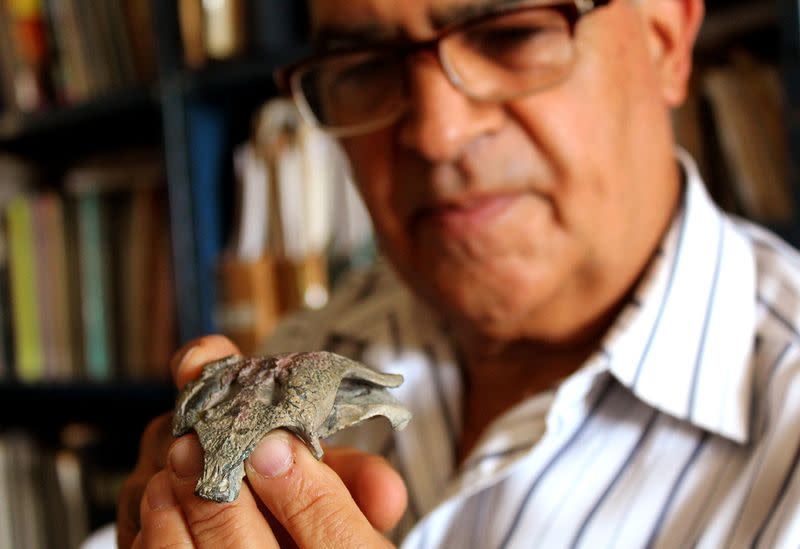 Paleontologist Fernando Novas holds the fossil skull of the Burkesuchus mallingrandensis