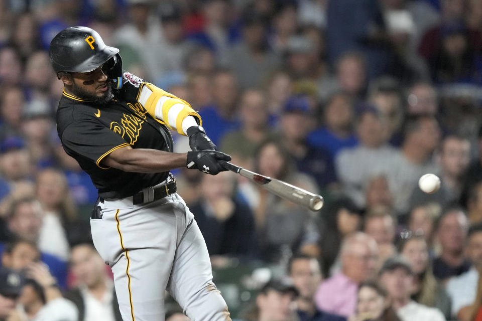 Liover Peguero hits an RBI single off Chicago Cubs starting pitcher Justin Steele during the fourth inning of a baseball game Wednesday, Sept. 20, 2023, in Chicago. (AP Photo/Charles Rex Arbogast)