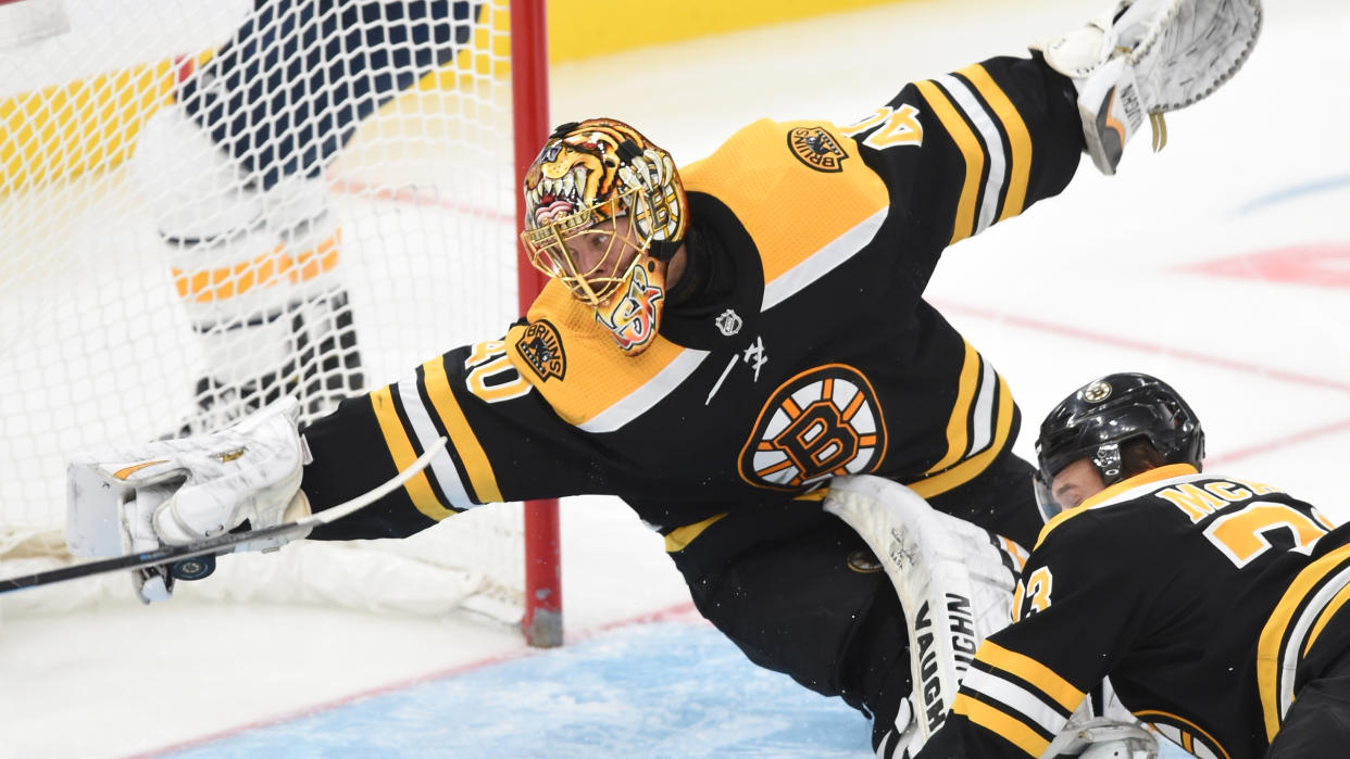 Boston Bruins goaltender Tuukka Rask robbed Buffalo Sabres forward Evan Rodrigues of a sure-fire goal. (Steve Babineau/NHLI via Getty Images)