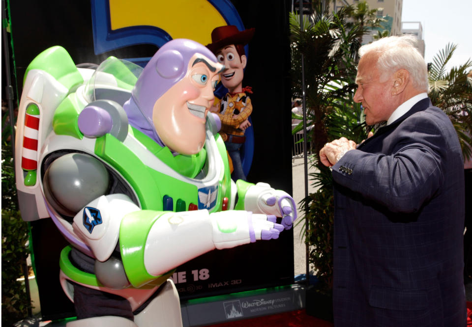 Astronaut Buzz Aldrin arrives at the premiere of Walt Disney Pictures' 'Toy Story 3' held at El Capitan Theatre on June 13, 2010, in Hollywood, California.