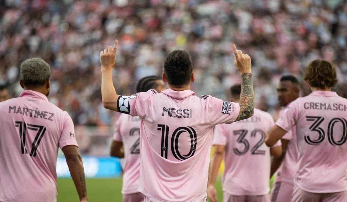 Inter Miami forward Lionel Messi (10) celebrates after scoring a goal against Atlanta United in the first half of their Leagues Cup group stage match at DRV PNK Stadium on Tuesday, July 25, 2023, in Fort Lauderdale, Fla.
