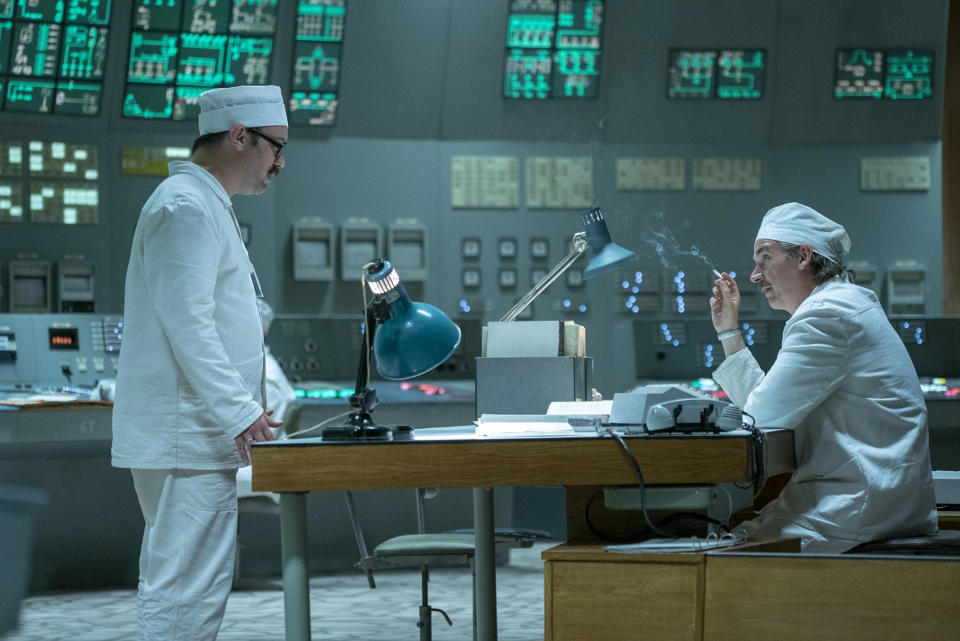 A still from "Chernobyl" with two scientists in a lab together