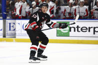 Buffalo Sabres left wing Jeff Skinner (53) skates up ice during the first period of his 1000th NHL hockey game against the Washington Capitals Tuesday, April 2, 2024, in Buffalo, N.Y. (AP Photo/Jeffrey T. Barnes)