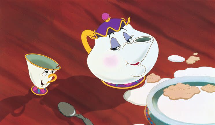 Mrs. Potts (right), voiced by Angela Lansbury in 1991’s “Beauty and the Beast” (Photo: Everett)<br>