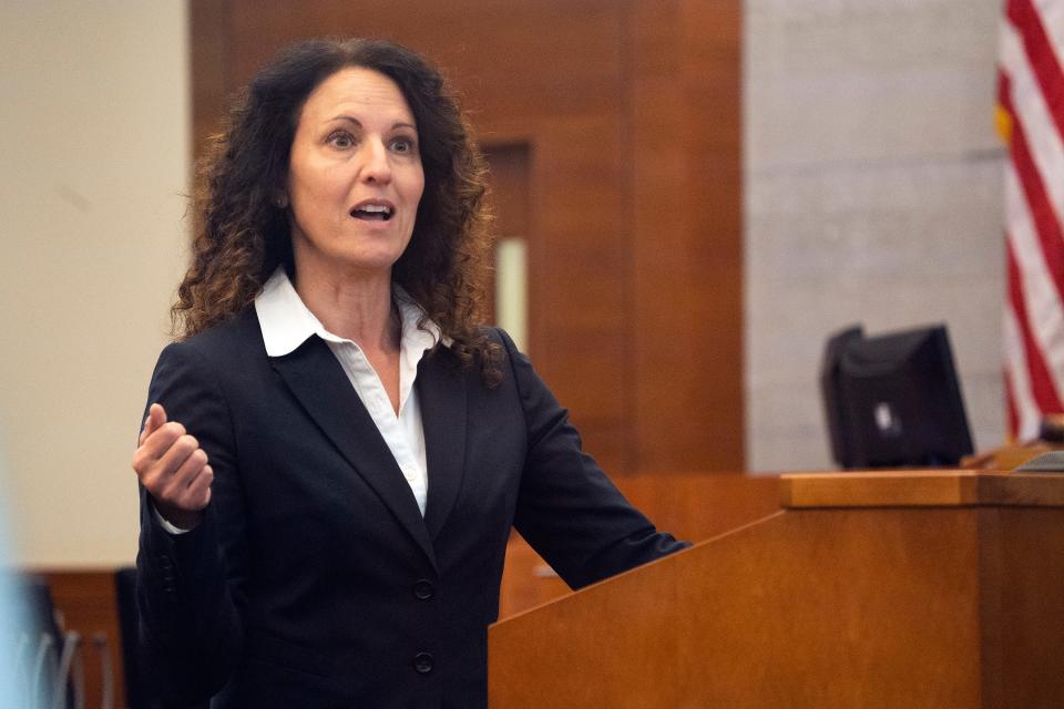 Franklin County Assistant Prosecutor Sheryl Prichard makes her opening statement Tuesday in the retrial of former Columbus police vice officer Andrew Mitchell on charges of murder and voluntary manslaughter in connection with the 2018 shooting death of 23-year-old Donna Dalton Castleberry.