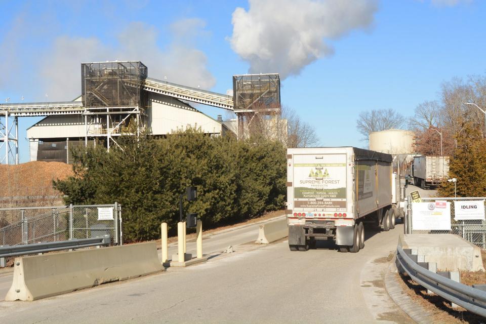 A truck enters the Plainfield Renewable Energy Plant Friday.