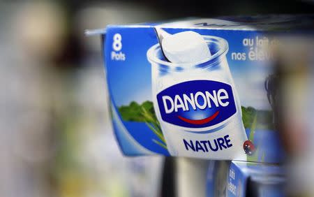 Yoghurt produced by French Dairy Group Danone is seen displayed on a shelf in a supermarket in Lanton, southwestern France in this August 30, 2013 file photo. REUTERS/Regis Duvignau/Files