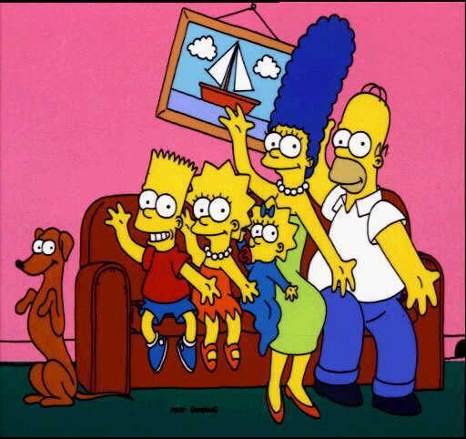 The Simpsons: (l-r) Bart, Lisa, Maggie, Marge and Homer with dog, "Santa's Little Helper", photo