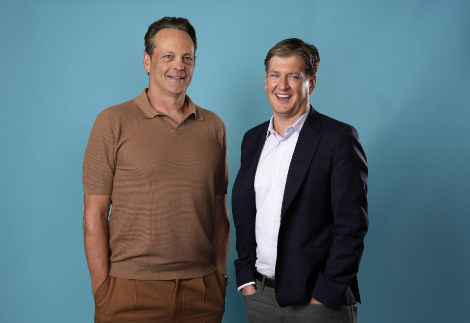 Actor-executive producer Vince Vaughn, left, and creator-executive producer Bill Lawrence, of the Apple TV+ series "Bad Monkey," pose for a portrait at the Four Seasons Hotel, Tuesday, Aug. 6, 2024, in Los Angeles. (AP Photo/Chris Pizzello)