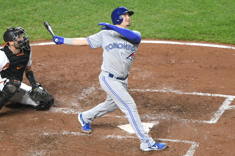 BALTIMORE, MD - SEPTEMBER 19:  Reese McGuire #10 of the Toronto Blue Jays takes a swing during a baseball game against the Baltimore Orioles at Oriole Park at Camden Yards on September 19, 2019 in Baltimore, Maryland.  (Photo by Mitchell Layton/Getty Images)