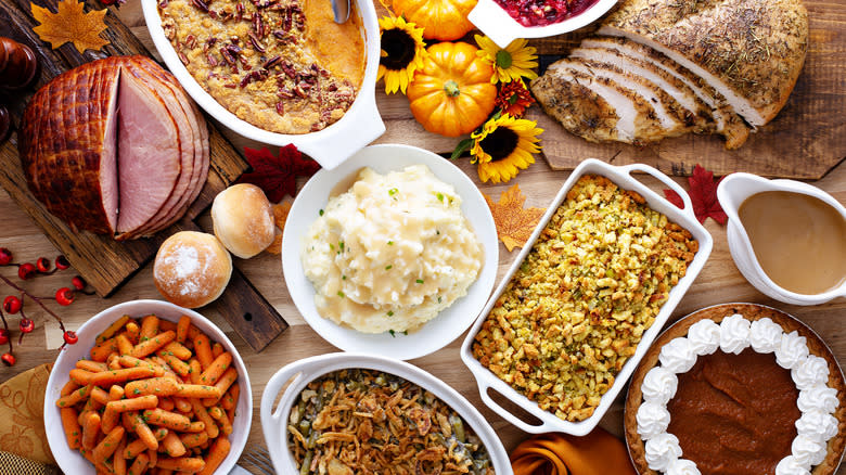 Thanksgiving spread on wooden table