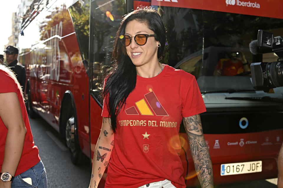 IBIZA, SPAIN - AUGUST 22: Jennifer Hermoso attends to fans during the tour of the national team bus on August 22, 2023, in Ibiza, Spain. (Photo By Francisco Guerra/Europa Press via Getty Images)