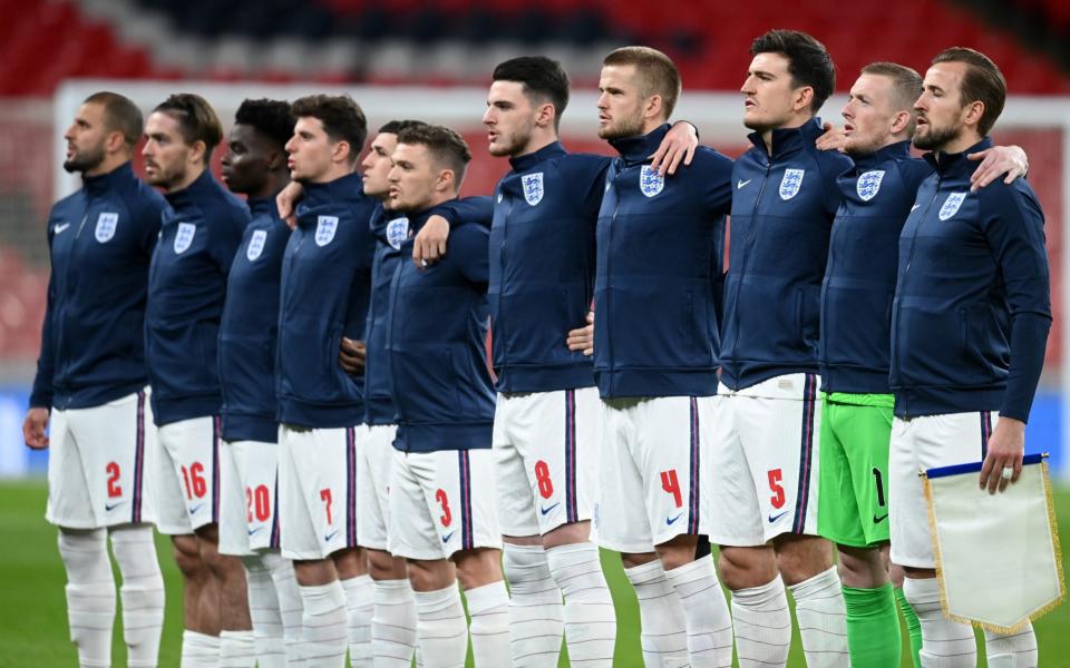 The England team line up for the national anthem prior to the UEFA Nations League group stage match between England and Iceland - Getty Images