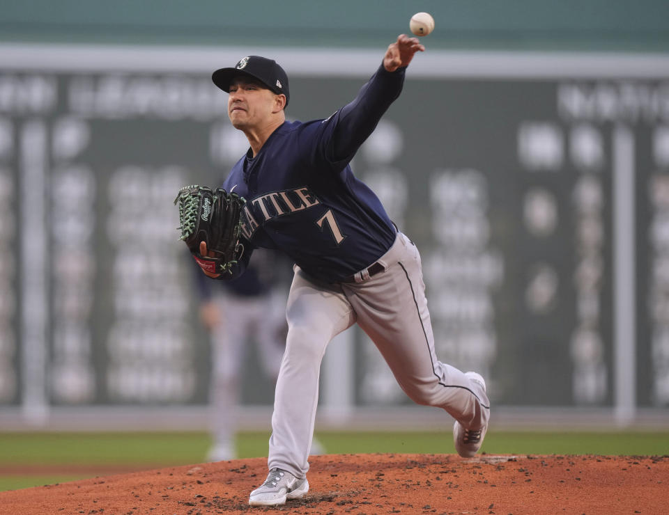 FILE - Seattle Mariners' Marco Gonzales delivers a pitch to a Boston Red Sox batter during the first inning of a baseball game May 17, 2023, in Boston. The Atlanta Braves acquired Gonzales, outfielder Jarred Kelenic and infielder Evan White from the Mariners, Sunday, Dec. 3, 2023, for right-handed pitchers Cole Phillips and Jackson Kowar. (AP Photo/Steven Senne, File)