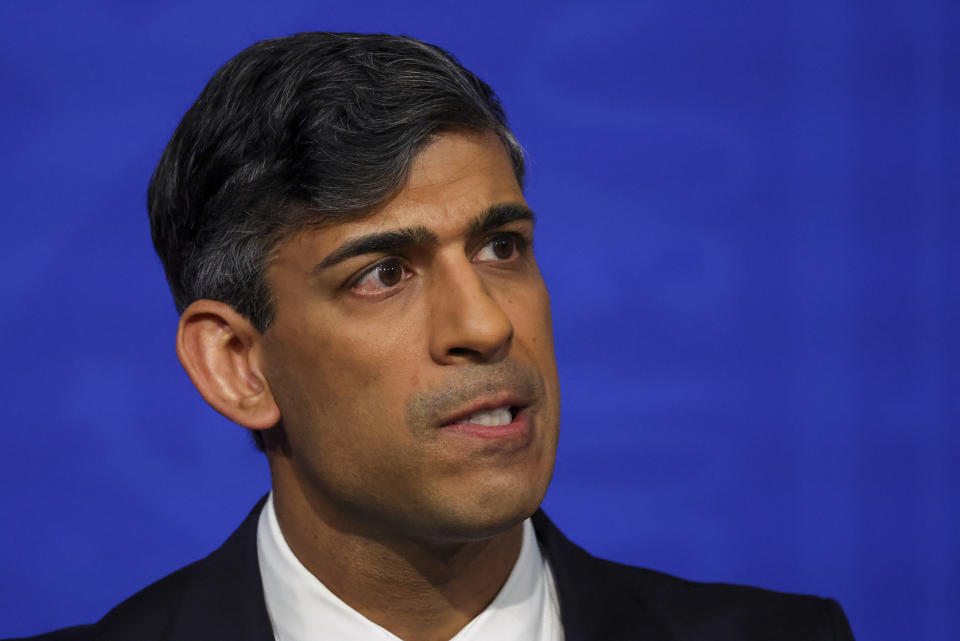 British Prime Minister Rishi Sunak attends a press conference at Downing Street, in London, Monday, April 22, 2024. Sunak pledged Monday that the country’s first deportation flights to Rwanda could leave in 10-12 weeks as he promised to end the Parliamentary deadlock over a key policy promise before an election expected later this year. (Toby Melville/Pool Photo via AP)