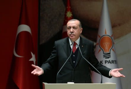 FILE PHOTO - Turkey's President Tayyip Erdogan speaks during a meeting of his ruling AK Party in Ankara, Turkey, November 17, 2017. Murat Cetinmuhurdar/Presidential Palace/Handout via REUTERS