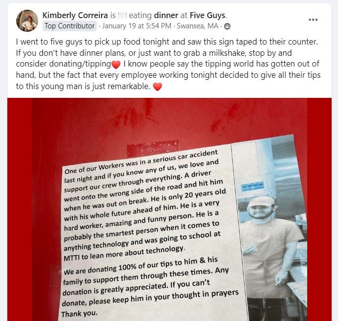 A Facebook post details the fundraising campaign happening at Five Guys Burgers and Fries in Swansea, raising money for Tristan Tucker, 20, of Swansea, who was injured in a car crash.