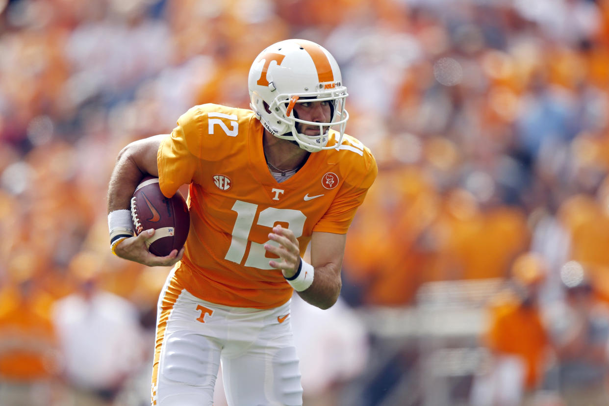 Tennessee quarterback Quinten Dormady (12) is seen in the first half of an NCAA college football game against South Carolina Saturday, Oct. 14, 2017, in Knoxville, Tenn. (AP Photo/Wade Payne)