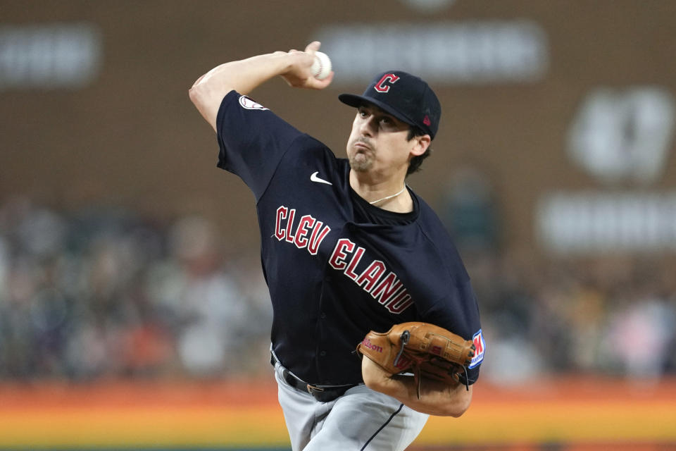 Cleveland Guardians pitcher Cal Quantrill throws against the Detroit Tigers in the third inning of a baseball game, Friday, Sept. 29, 2023, in Detroit. (AP Photo/Paul Sancya)