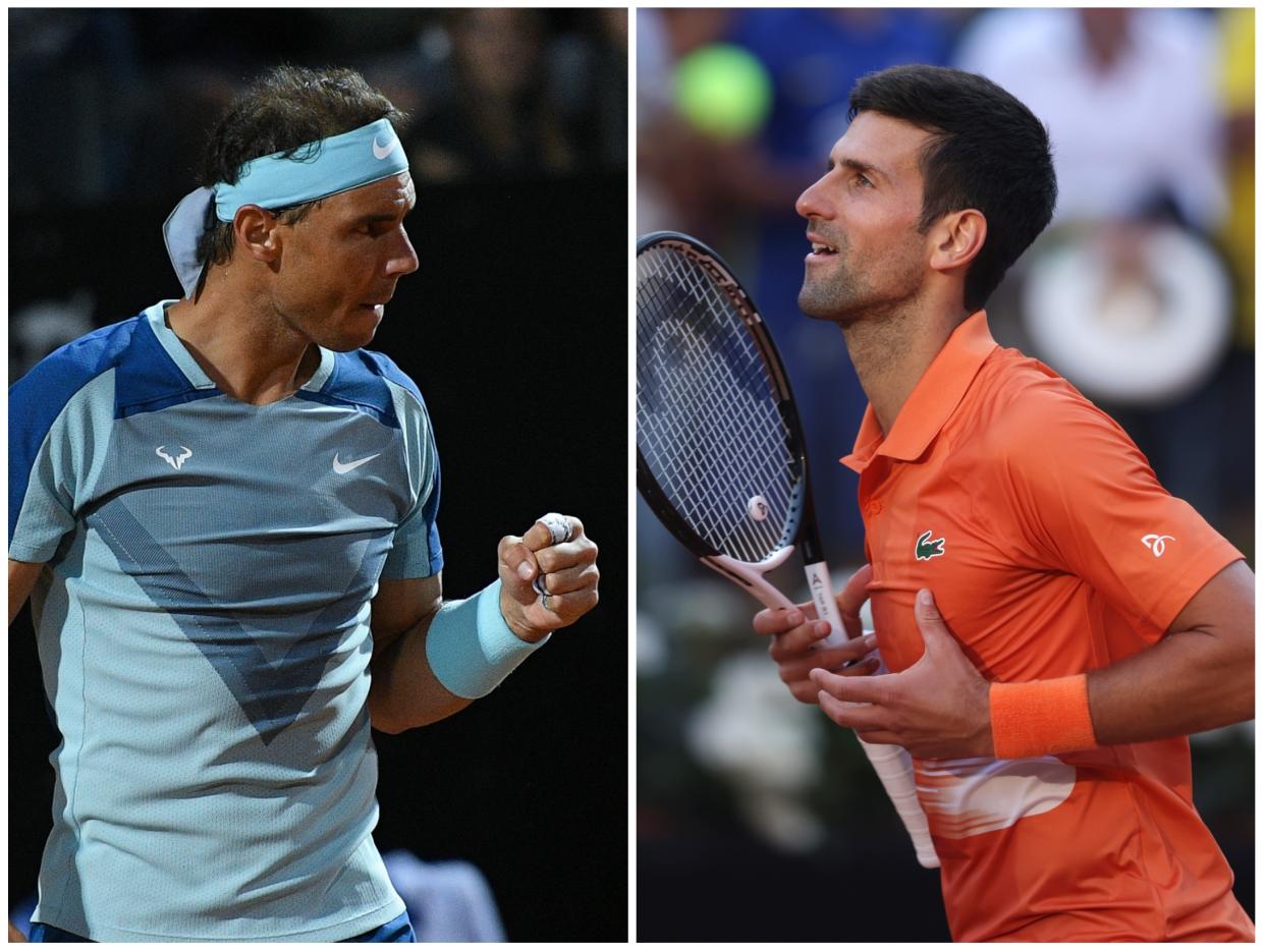 Rafael Nadal y Novak Djokovic en sus respectivos duelos de octavos de final del Masters 1000 de Roma. (Foto: Giuseppe Maffia / NurPhoto / Getty Images / Alex Pantling / Getty Images).