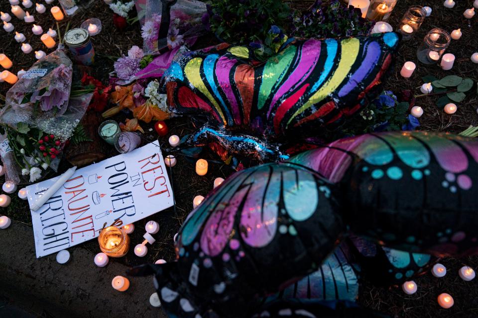 A memorial site in Brooklyn Center, Minnesota, where Daunte Wright was fatally shot by police on Sunday.