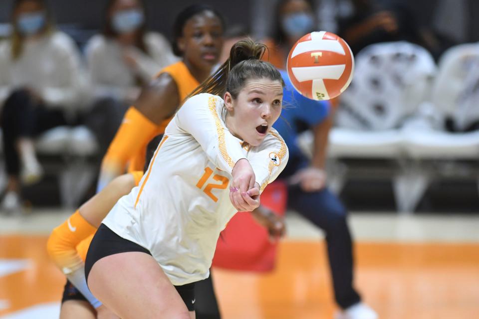 Tennessee defensive specialist/libero Madison Bryant (12) gets to the ball in an NCAA volleyball match between the Tennessee Lady Vols and Kentucky Wildcats in Knoxville, Tenn. on Wednesday, October 27, 2021.