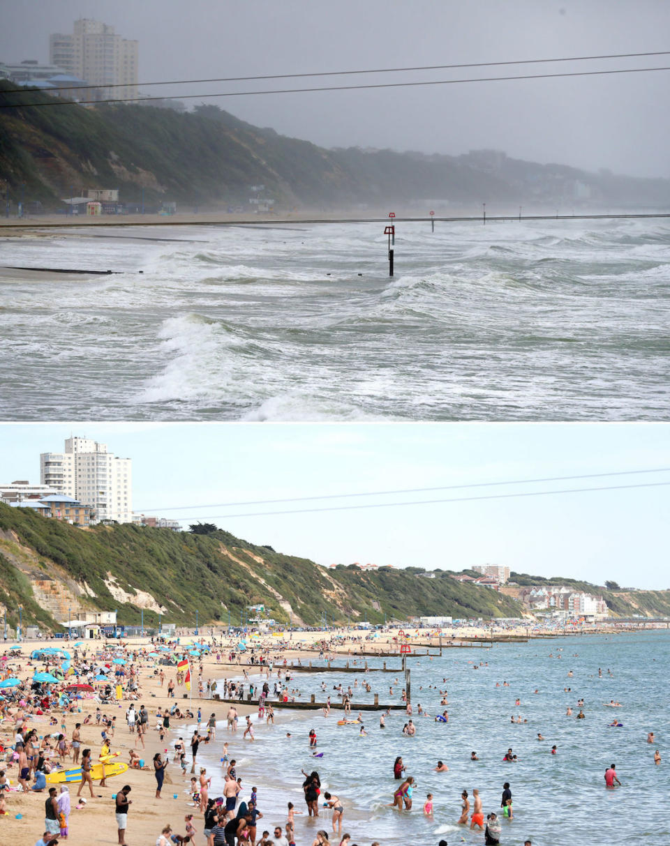 The change in weather in Bournemouth between last Wednesday, below, and Sunday, top (Picture: PA)