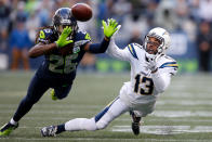 <p>Keenan Allen #13 of the Los Angeles Chargers attempts to make a catch while being guarded by Shaquill Griffin #26 of the Seattle Seahawks in the second quarter at CenturyLink Field on November 04, 2018 in Seattle, Washington. (Photo by Otto Greule Jr/Getty Images) </p>