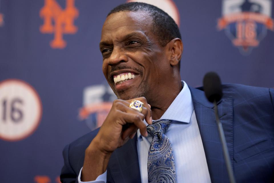 Apr 14, 2024; New York City, New York, USA; New York Mets former pitcher Dwight Gooden speaks to the media during a press conference before a game against the Kansas City Royals at Citi Field. The Mets will retire Gooden's number 16 in a ceremony before the game. Mandatory Credit: Brad Penner-USA TODAY Sports