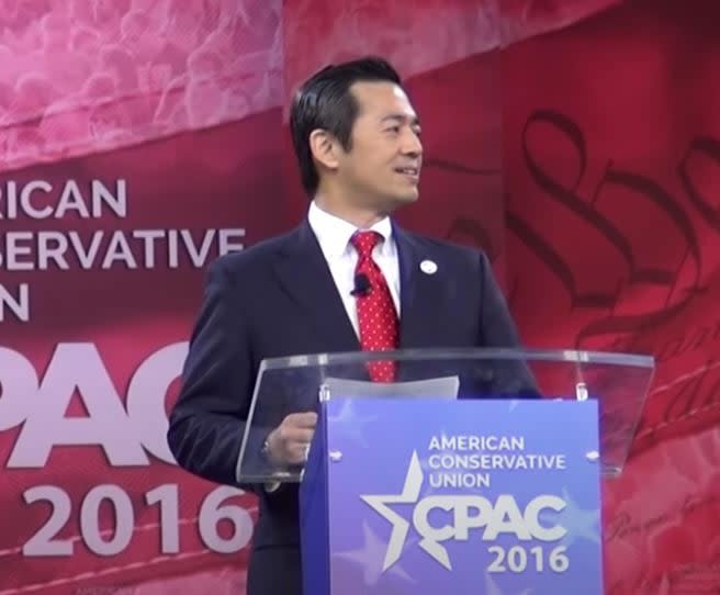 Hrioaki “Jay” Aeba, the chairman of the Japanese Conservative Union (JCU) and head of the Happy Science cult, speaking at CPAC in 2016. (Screengrab via YouTube)